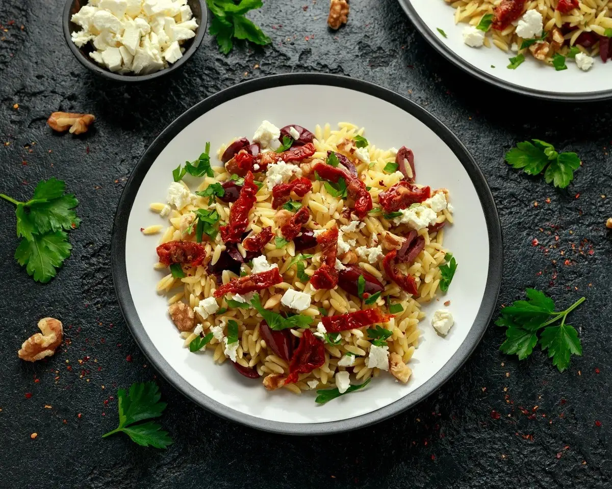 Ensalada de orzo con feta, espinacas y tomates secos, receta fácil