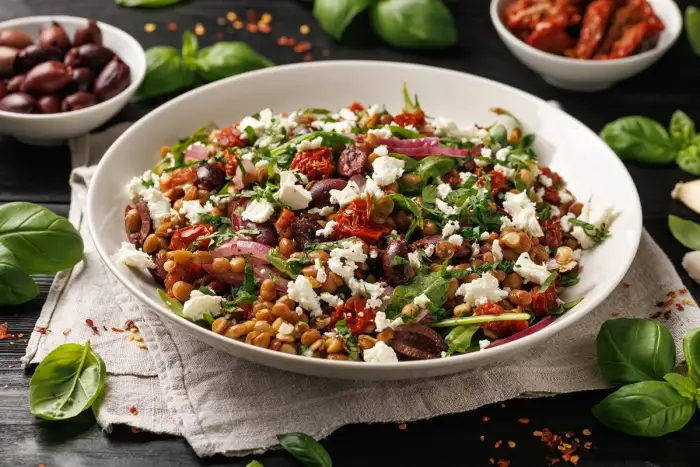 Ensalada tibia de lentejas, feta y hierbas, receta fácil