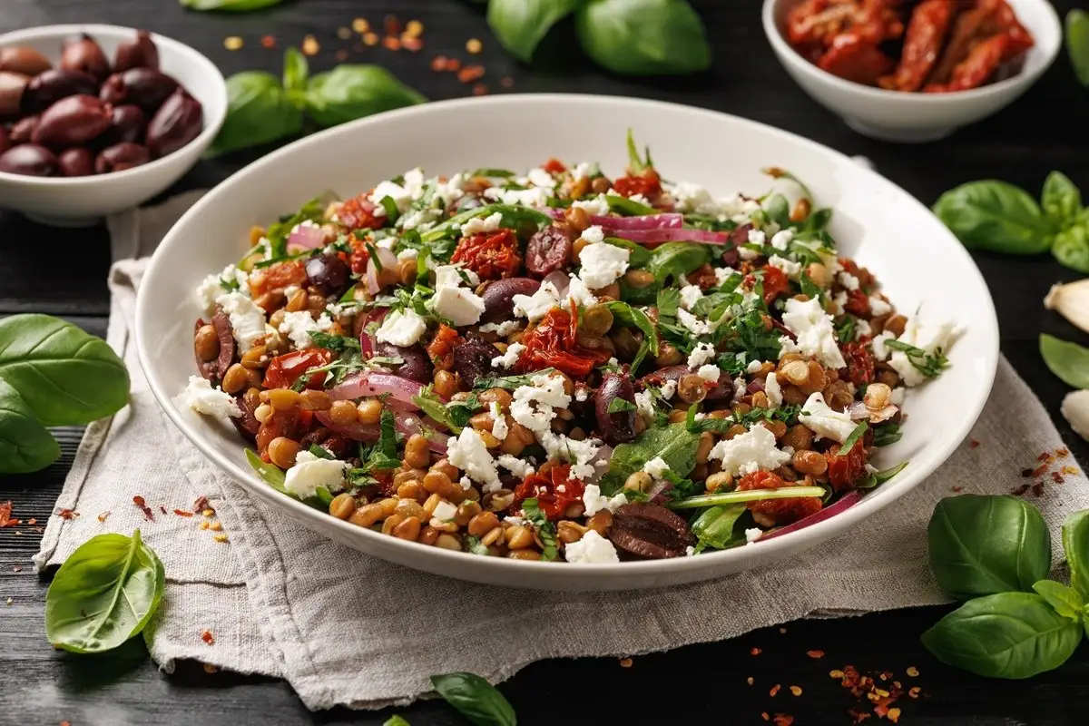 Ensalada tibia de lentejas, feta y hierbas, receta fácil