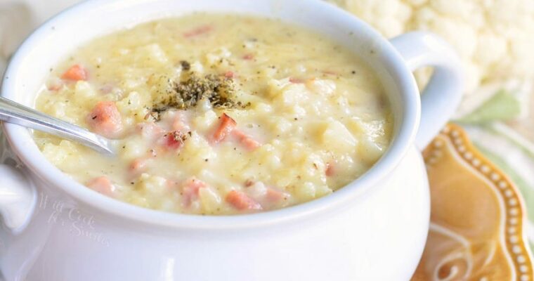 Crema de coliflor con setas y jamón con olla GM