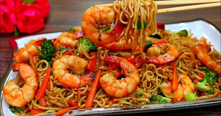 Tallarines con verduras y langostinos con MAMBO