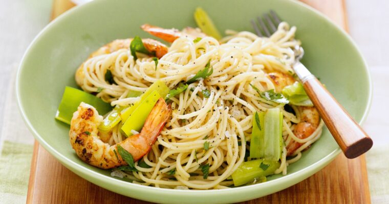 Espaguetis con puerro y gambas con MAMBO