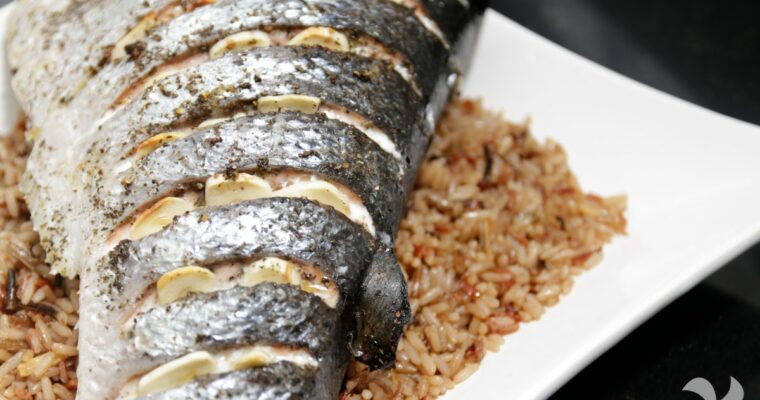 receta de Cola de salmón al té verde con arroz salvaje con lima y jengibre con thermomix